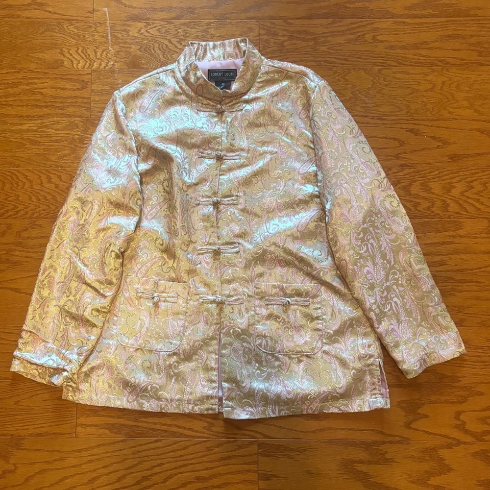 Robert Louis New York Silk Paisley Brocade Frog Closure Jacket Gold Pink Mens XL